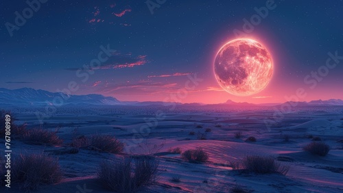 Majestic purple moon over a peaceful desert night - A tranquil landscape showcases a massive purple moon illuminating a serene desert, evoking wonder and calm