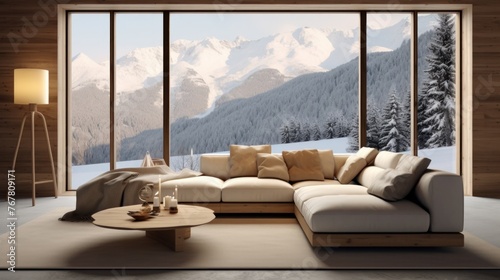 modern living room in chalet, panoramic window with great winter snow mountain landscape