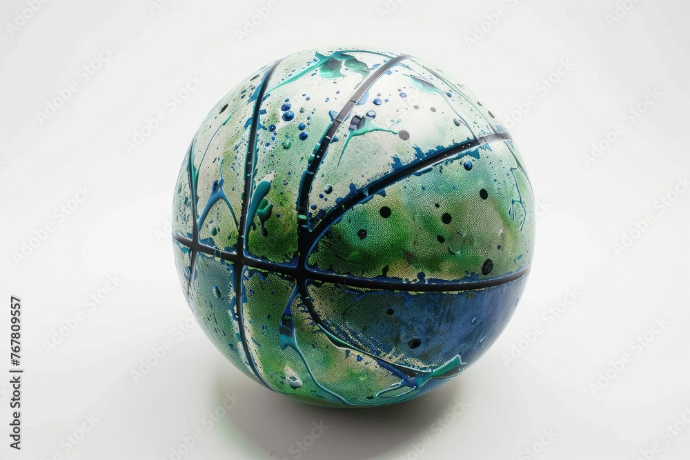 Splatter-painted basketball with green and blue - A visually striking basketball with splatter paint design in green and blue hues, spotlighted against a pure white background Splatter-painted basketball with green and blue - A visually striking basketball with splatter paint design in green and blue hues, spotlighted against a pure white background