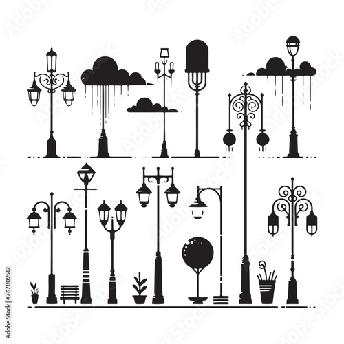 Vector Silhouette of Street Lamp: Urban Lighting Element in Simplified Form, street lamp vector stock.