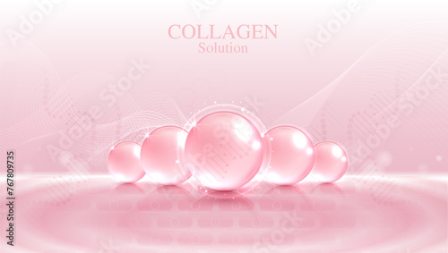Collagen solution and DNA on a pink background. vitamin solution complex with chemical formula from nature. beauty treatment nutrition skin care design. medical and scientific concepts. vector design.