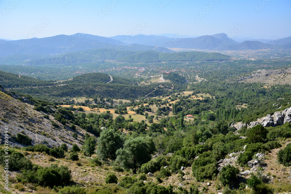 valley with green trees and mountain range on background view point 