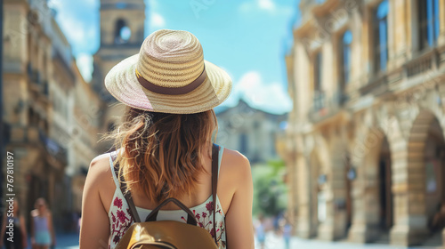 a photograph rear view of Female casual solo traveller roam alone woman summer casual dress summertime tour walking at famous destination landmark In Europe architecture  © Nate