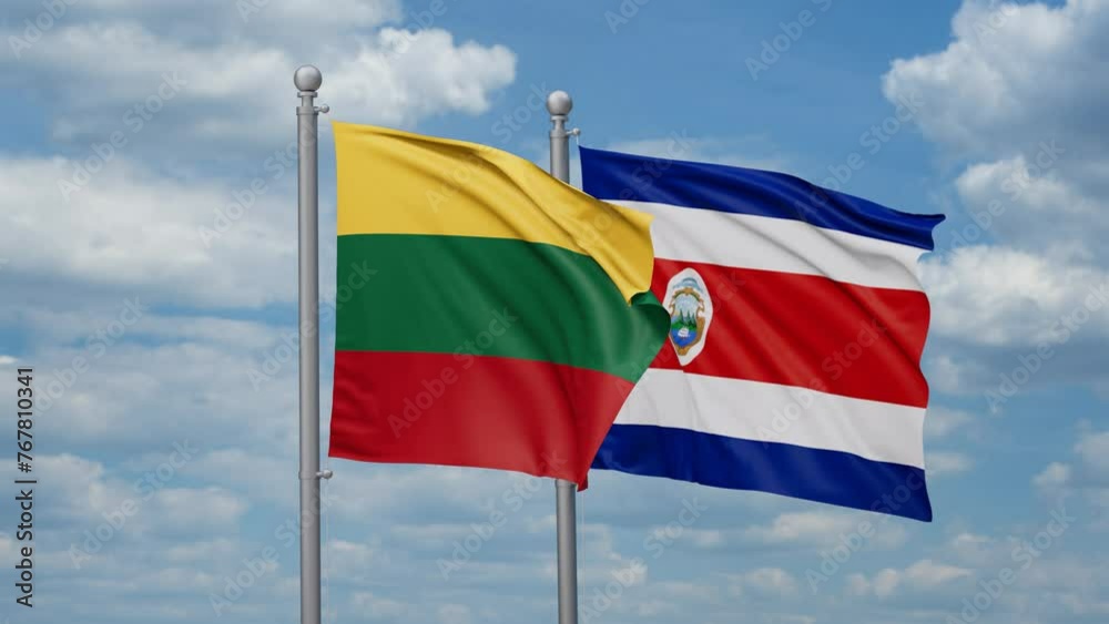 Costa Rico and Lithuania two flags waving together, looped video, two country cooperation concept Costa Rico and Lithuania two flags waving together, looped video, two country cooperation concept