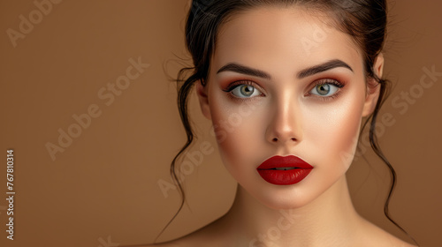 Beautiful woman's face, model appearance, professional makeup, advertising of decorative cosmetics, including lipstick, powder, eye shadow