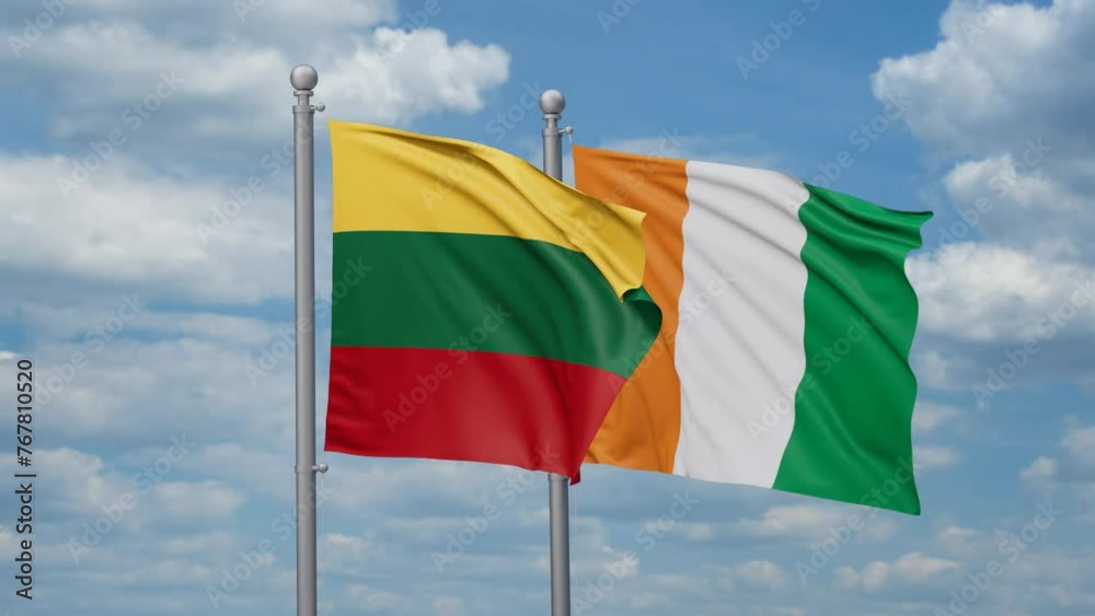Ivory Coast or Cote d'Ivoire and Lithuania two flags waving together, looped video, two country cooperation concept Ivory Coast or Cote d'Ivoire and Lithuania two flags waving together, looped video, two country cooperation concept