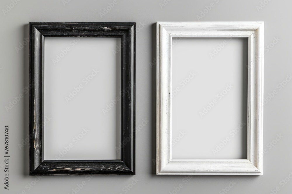 Black wood frame and white picture frame isolated on gray background. Object with clipping path