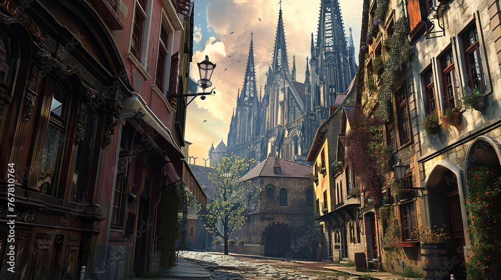 Standing on the cobblestone streets of an old European town, gazing up at the towering medieval cathedral with its intricate spires reaching towards the sky.