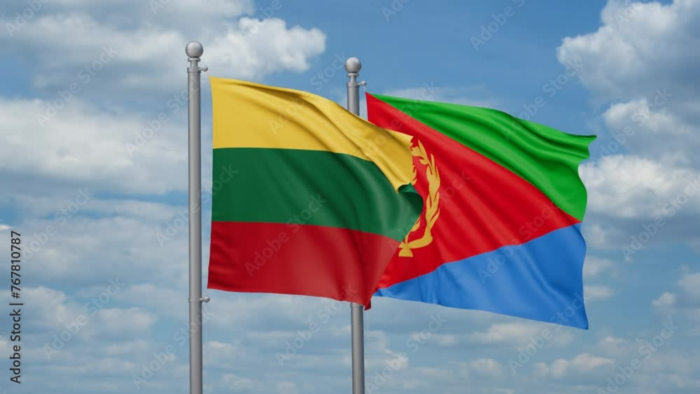 Eritrea and Lithuania two flags waving together, looped video, two country cooperation concept Eritrea and Lithuania two flags waving together, looped video, two country cooperation concept