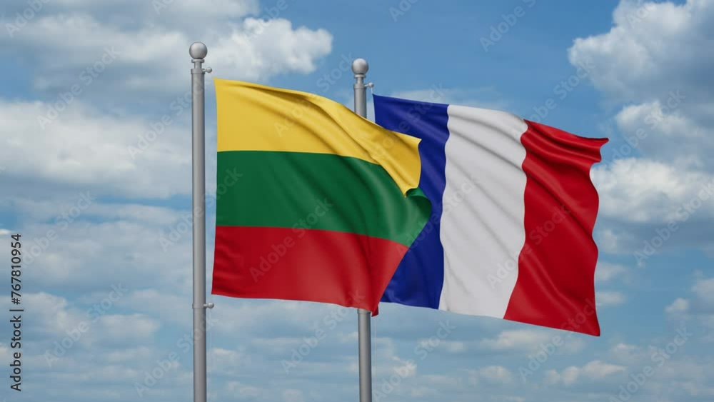 France and Lithuania flags waving together, looped video, two country relations concept France and Lithuania flags waving together, looped video, two country relations concept