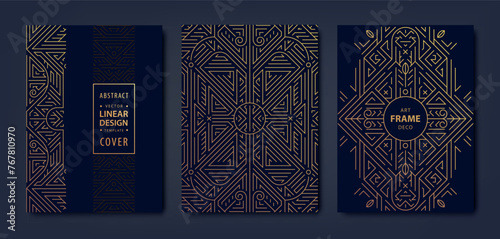 Vector set of art deco frame patterns, gold line design labels. Luxury geometric covers, vintage background, premium templates.