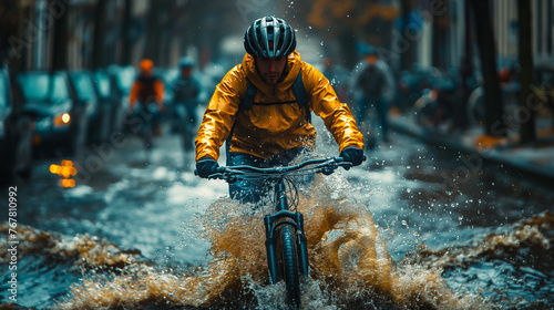 A cyclist in a flooded city on a rainy day.