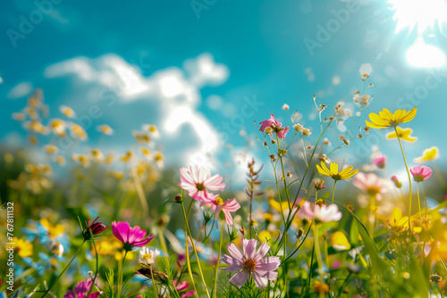 Very colorful flowers in a meadow in the spring, on a blue sky, sun and a few clouds © Petruta