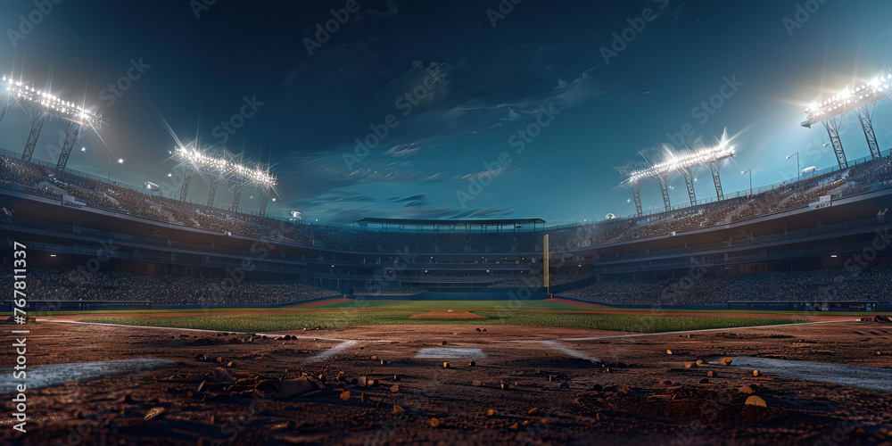 A panoramic view of the baseball field during a night game, with stadium lights illuminating the action - obrazy, fototapety, plakaty 