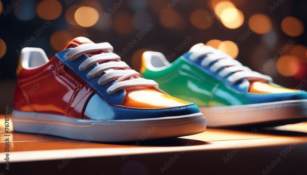 Colorful sneakers on display, their glossy finish reflecting ambient lights, suggest style and choice in modern urban fashion. - obrazy, fototapety, plakaty 