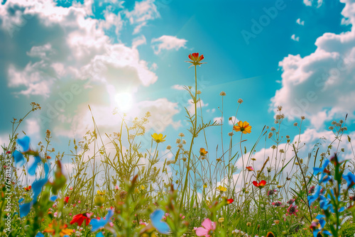 Very colorful flowers in a meadow in the spring  on a blue sky  sun and a few clouds