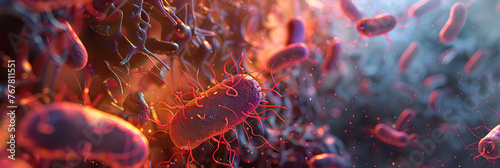 A magnified view of bacteria forming biofilms on a surface, illustrating their ability to adhere and grow