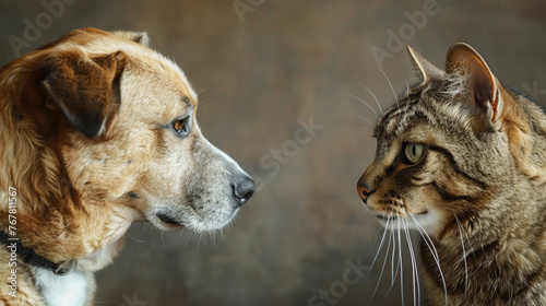 Dog and cat staring contest, neutral background, head-on view, tense atmosphere