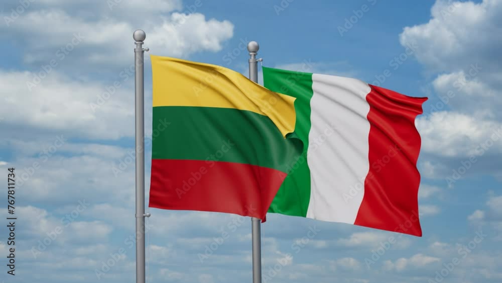 Italy and Lithuania two flags waving together, looped video, two country cooperation concept Italy and Lithuania two flags waving together, looped video, two country cooperation concept