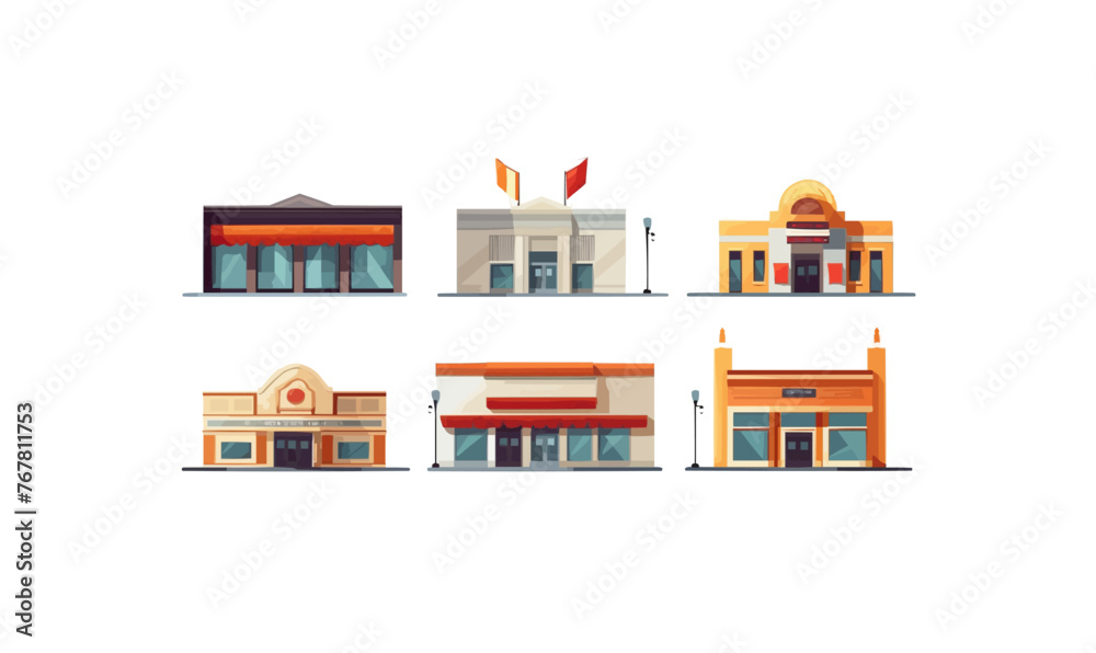 A row of six buildings with different styles and colors