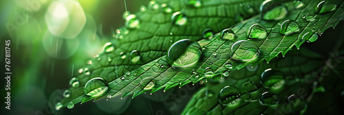 A macro shot of raindrops on a lush green leaf, symbolizing freshness and renewal.. 3D Rendering style illustration