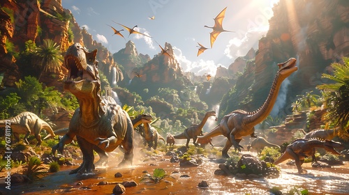 Dinosaurs in an ancient world jungle landscape with mountains and waterfalls #767811921