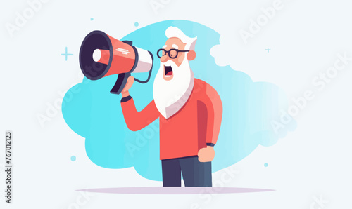old man shouts into a megaphone vector flat isolated illustration