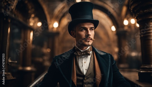 An elegant man in vintage aristocratic attire, including a top hat and tailcoat, stands regally in an ornate, old-world hall.