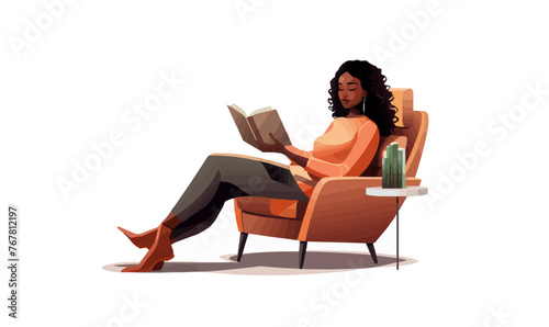 Girl reading book, sitting in armchair in living room. Young black woman in chair at home with literature. Businesswoman reader. Flat vector realistic illustration isolated on transparent background.