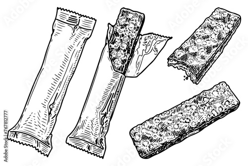 Set chocolate bars, sketch. Sweet candy in packaging. Food snack. Hand drawn vector illustration.