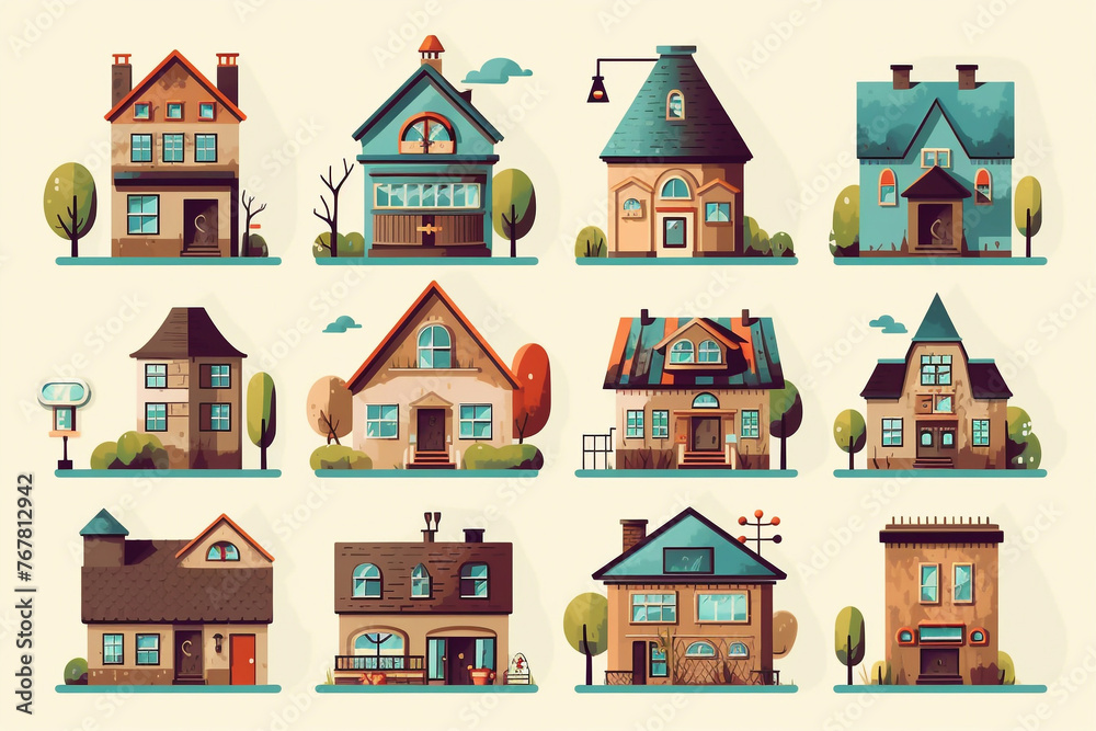 Set of houses.Cartoon house. Real estate for sale. A new two-story house with an attic.