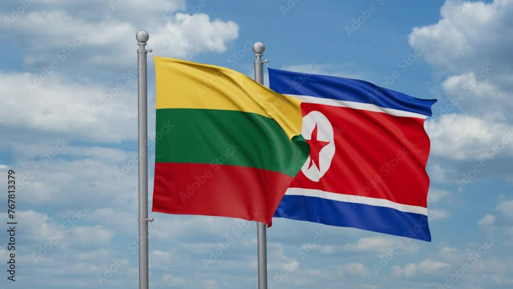 North Korea and Lithuania two flags waving together, looped video North Korea and Lithuania two flags waving together, looped video
