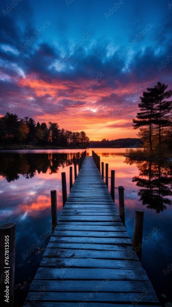Wooden pier leading into lake, surrounded by the beauty of nature, Sunset, tranquil scenery