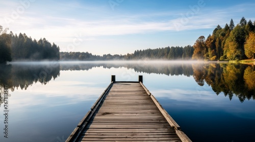 Wooden pier leading into lake, surrounded by the beauty of nature, tranquil scenery © Daniel