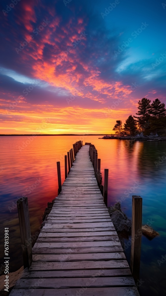 Wooden pier leading into lake, surrounded by the beauty of nature, Sunset, tranquil scenery