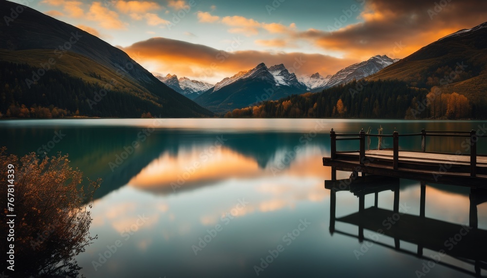 Obraz premium A tranquil autumn scene featuring a wooden pier extending into a still lake reflecting vibrant fall colors and snow-capped mountains at dusk.