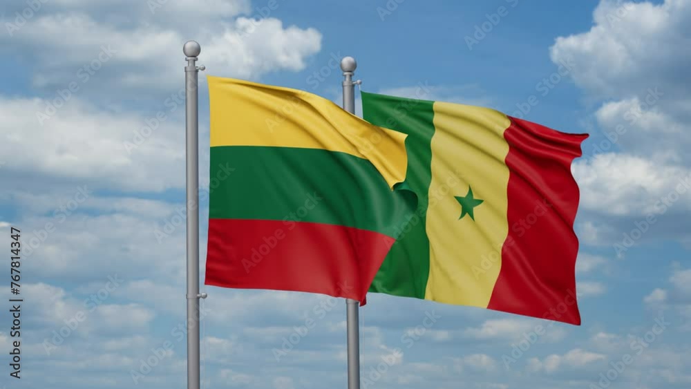 Republic of Senegal and Lithuania two flags waving together, looped video, two country cooperation concept Republic of Senegal and Lithuania two flags waving together, looped video, two country cooperation concept