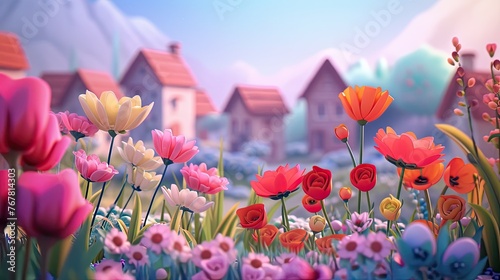 Painting of a field of flowers with houses in the background and a blue sky. Generated AI