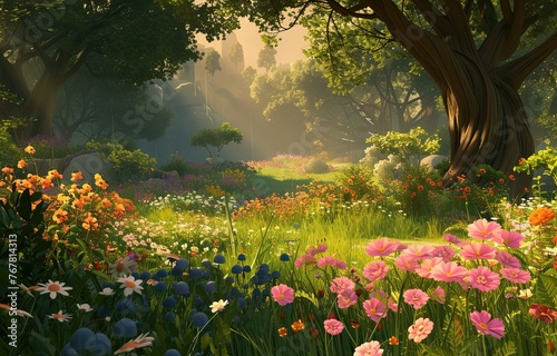 A picture of a forest with flowers and trees in the background there is a path through the forest. Generated AI