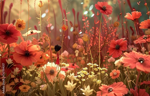 A field of colors with lots of red yellow green and yellow flowers. Generated AI