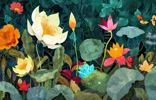 A bouquet of flowers in a field of leaves and flowers with a butterfly flying above them. Generated AI