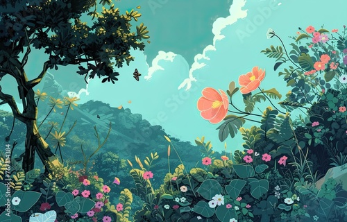 Image of a forest with flowers and a butterfly flying above it, against a blue sky, nature. Generated AI