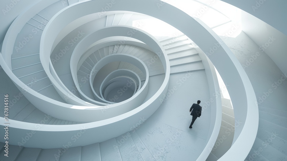 Fototapeta premium Person descending a modern spiral staircase, minimalistic design.