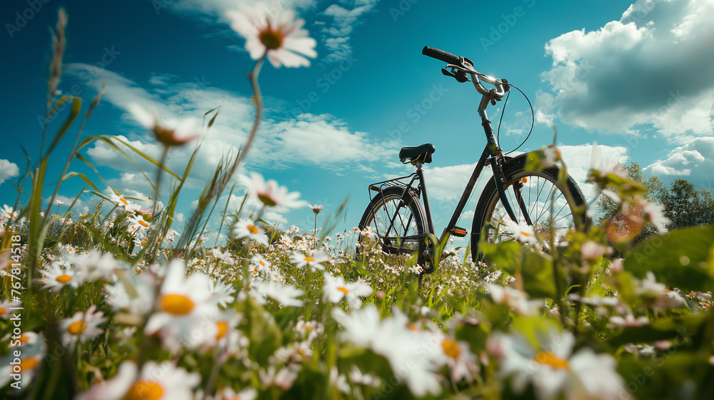 Naklejka premium Landscape with a bicycle on a flowering meadow.