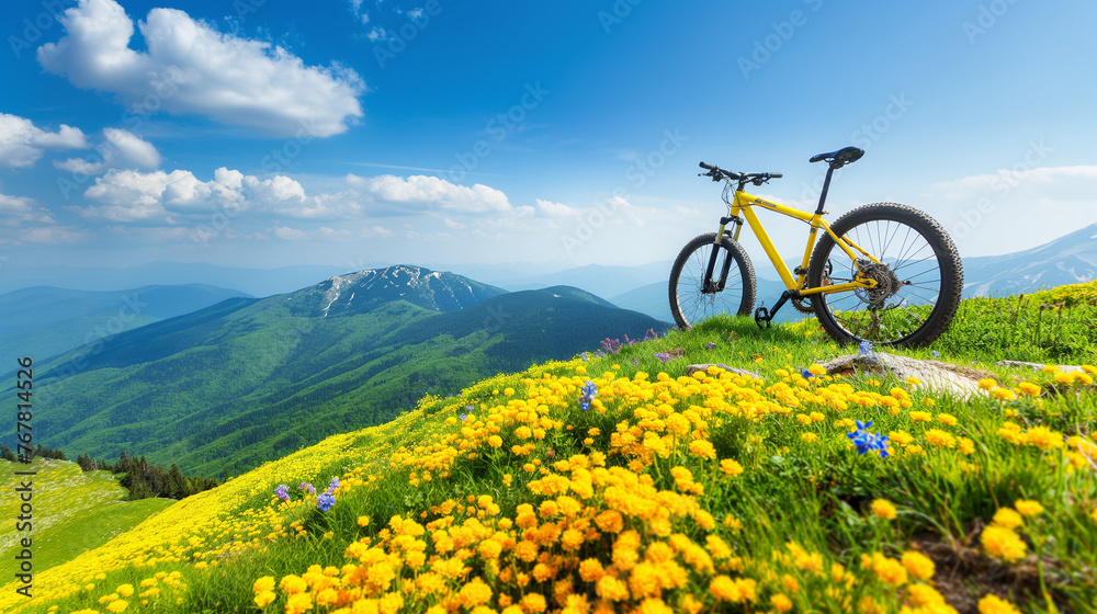 Fototapeta premium Landscape with a bicycle on a flowering meadow.