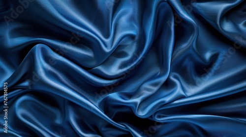 Texture of dark blue silk with small folds in the form of waves, softly reflecting light