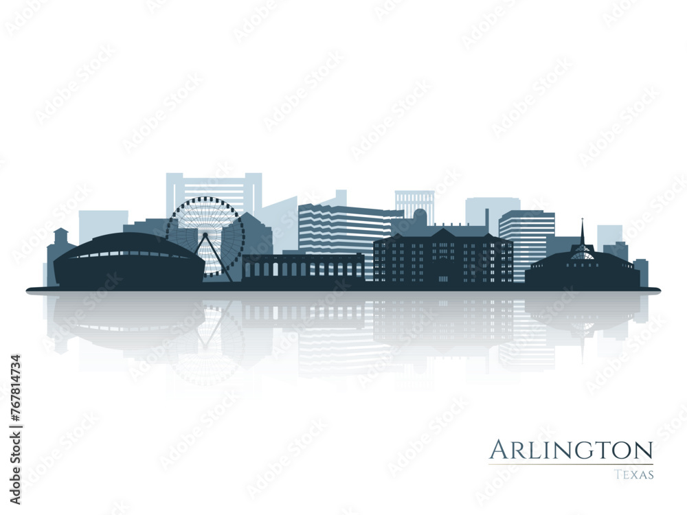 Naklejka premium Arlington skyline silhouette with reflection. Landscape Arlington, Texas. Vector illustration.