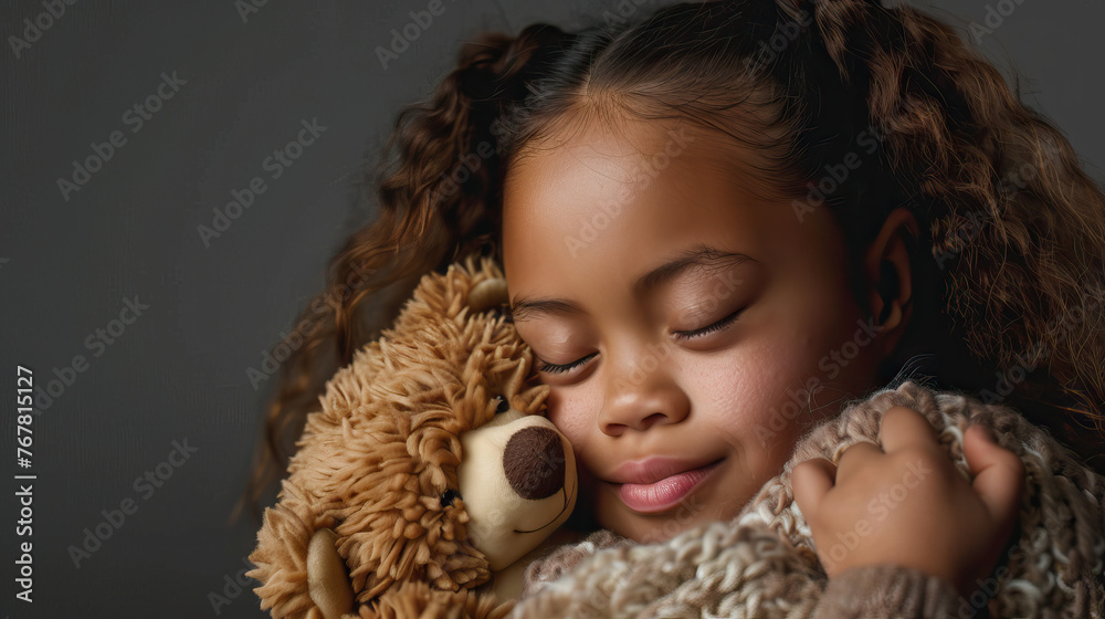 A multiracial teenage girl with Down syndrome showing affection and love, hugging a teddy bear. Learning Disability