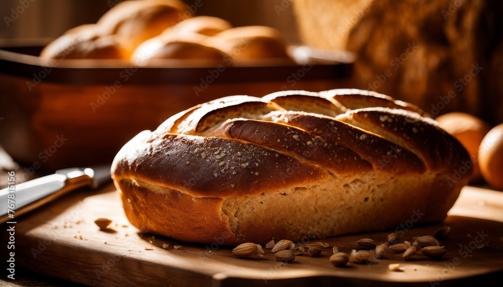 Close-up view of a freshly baked, golden-brown braided bread loaf sprinkled with flour and sunflower seeds on a wooden cutting board, evoking a rustic and homemade feel