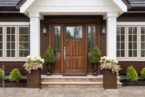 Main entrance door in house. Wooden front door with gabled porch and landing.